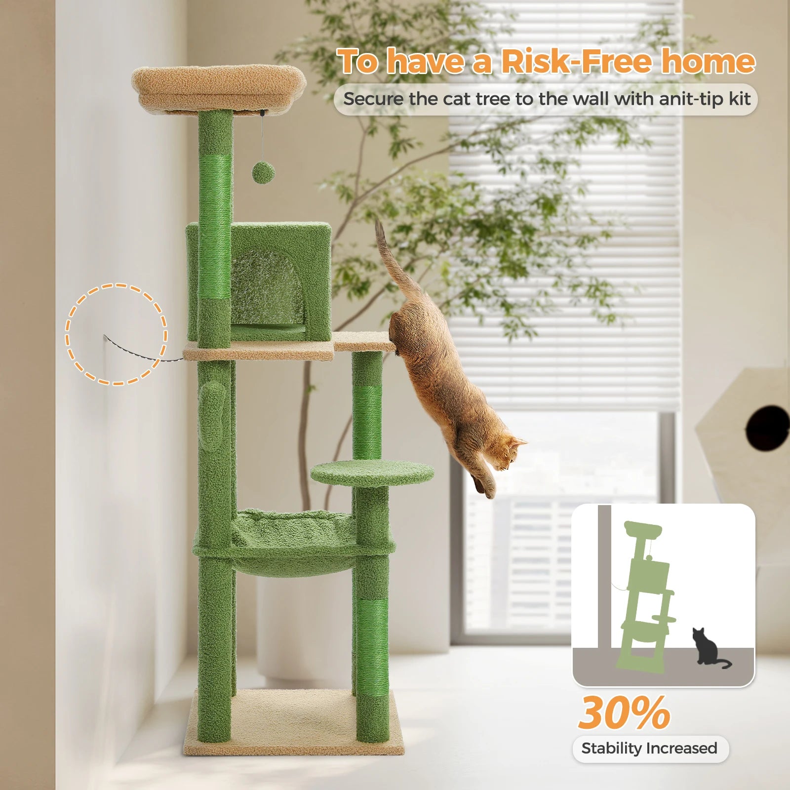 Cactus Cat Tree Tower for Large Cats with Metal Plush Big Hammock for Indoor Cats with 2 Door Condo House with Large Top Perch