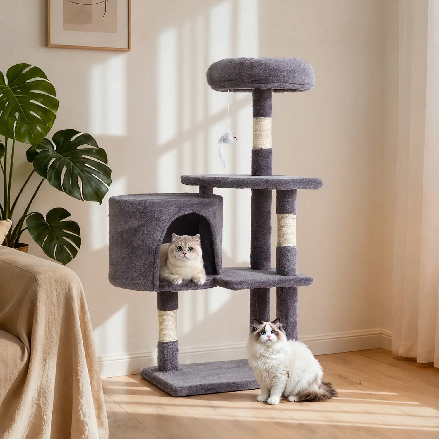 37in Cat Tree Tower for Indoor Cats, Cat Furniture Activity Center with Sisal Scratching Post, Large Condo, Plush Toy for Kitten