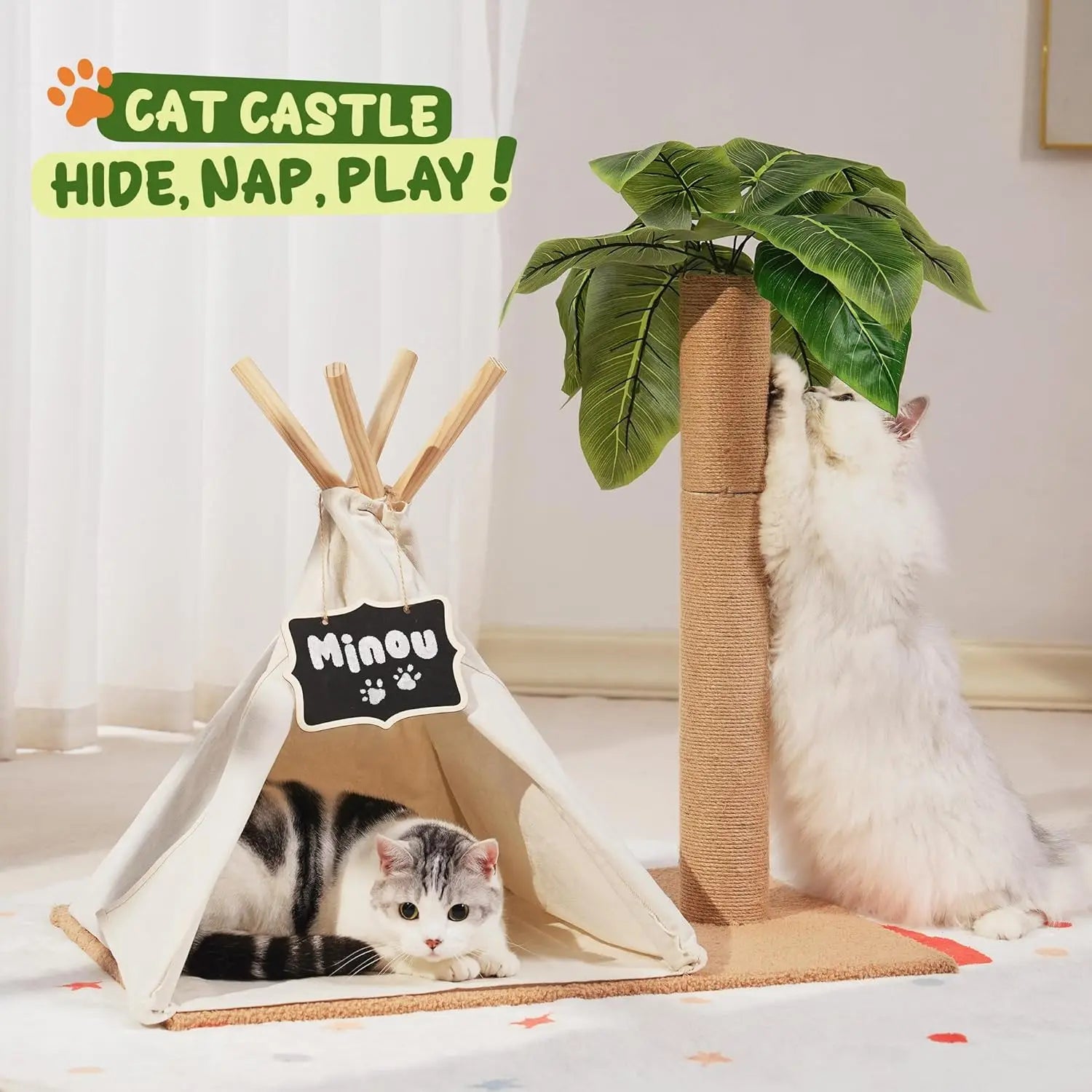 MEWOOFUN Cats Scratching Post Teepee Cat Tree with Simulated Leaves 60cm Tall Scratcher Post Pet Bed Tent Indoor Cat Play House