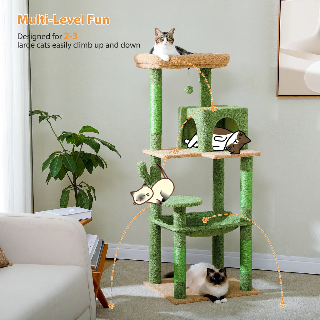 Cactus Cat Tree Tower for Large Cats with Metal Plush Big Hammock for Indoor Cats with 2 Door Condo House with Large Top Perch