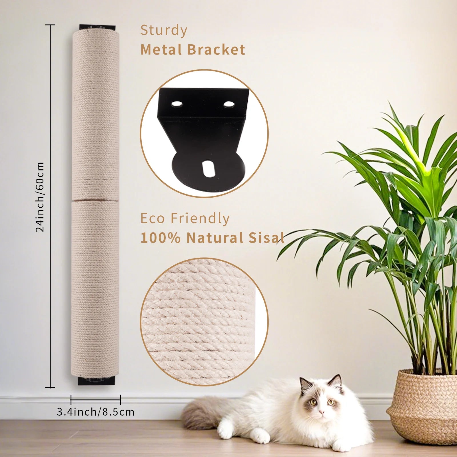 Cat Scratching Post Wall Mounted, 24 inch Tall 3.5 inch Diameter Cat Tree Scratch Post, Hemp Rope Scratcher Posts for Indoor Kit