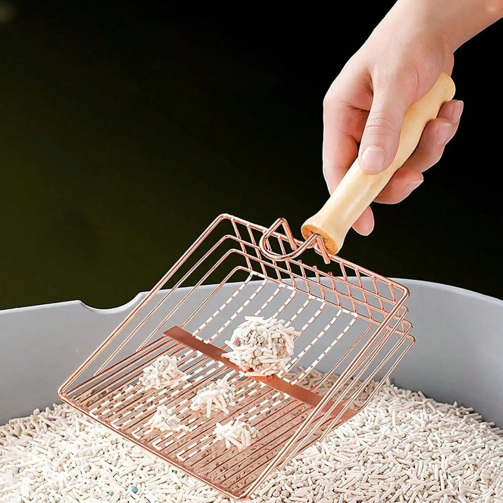 Cat Litter Scoop, Fast Sifting Cat Litter Scoop with Holder Stand, Stainless Steel Poop Scooper with Ergonomic Wood Handle
