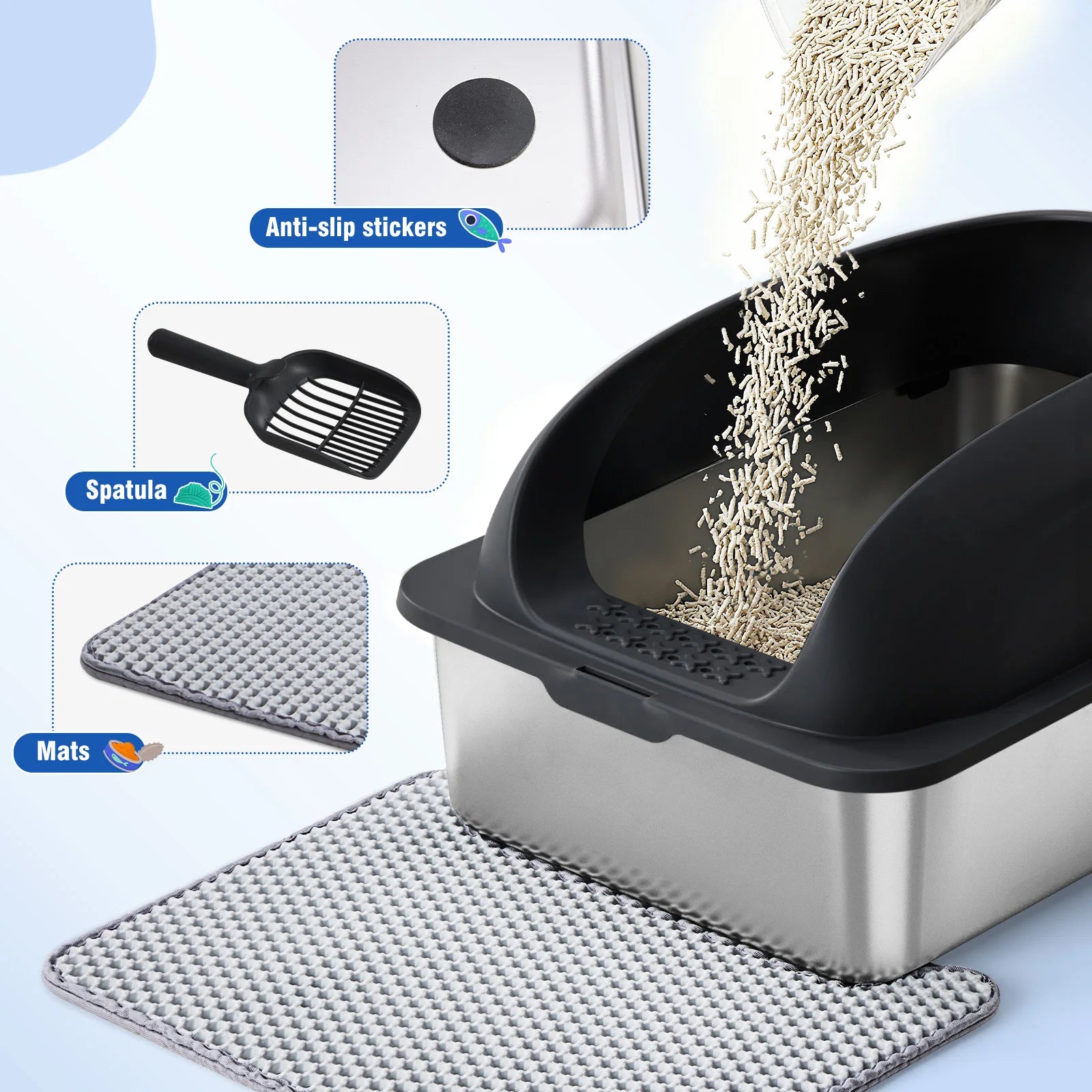 JHK 24IN Stainless Steel Cat Litter Box with Lid Large Cat Litter Box for Big Cats Anti-Urine Leakage Scoop and Mat Included