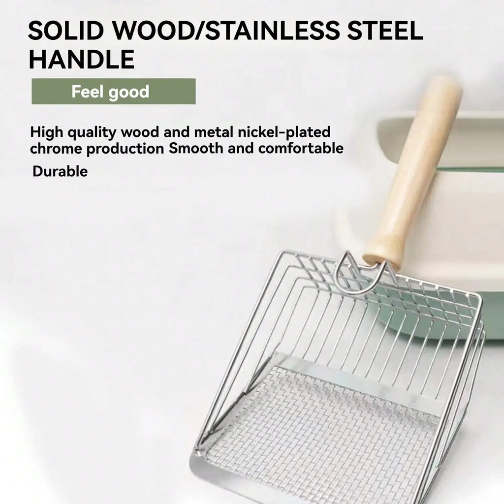 Cat Litter Scoop, Fast Sifting Cat Litter Scoop with Holder Stand, Stainless Steel Poop Scooper with Ergonomic Wood Handle