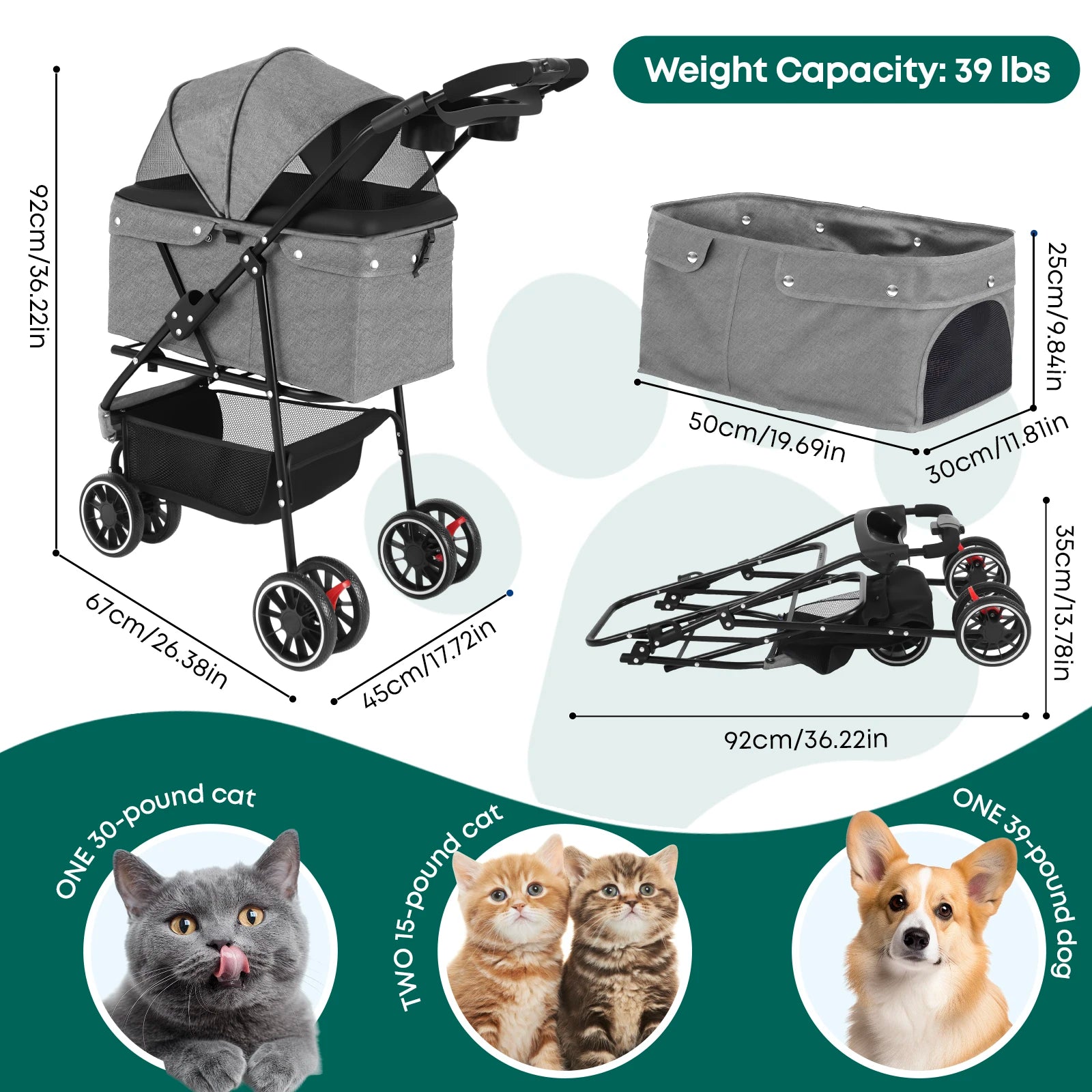 Portable Dog Stroller 3 Wheels for Small Medium Dogs&Cats Foldable Pet Cat Travel Carriage Stroller Carrier for Outside Play